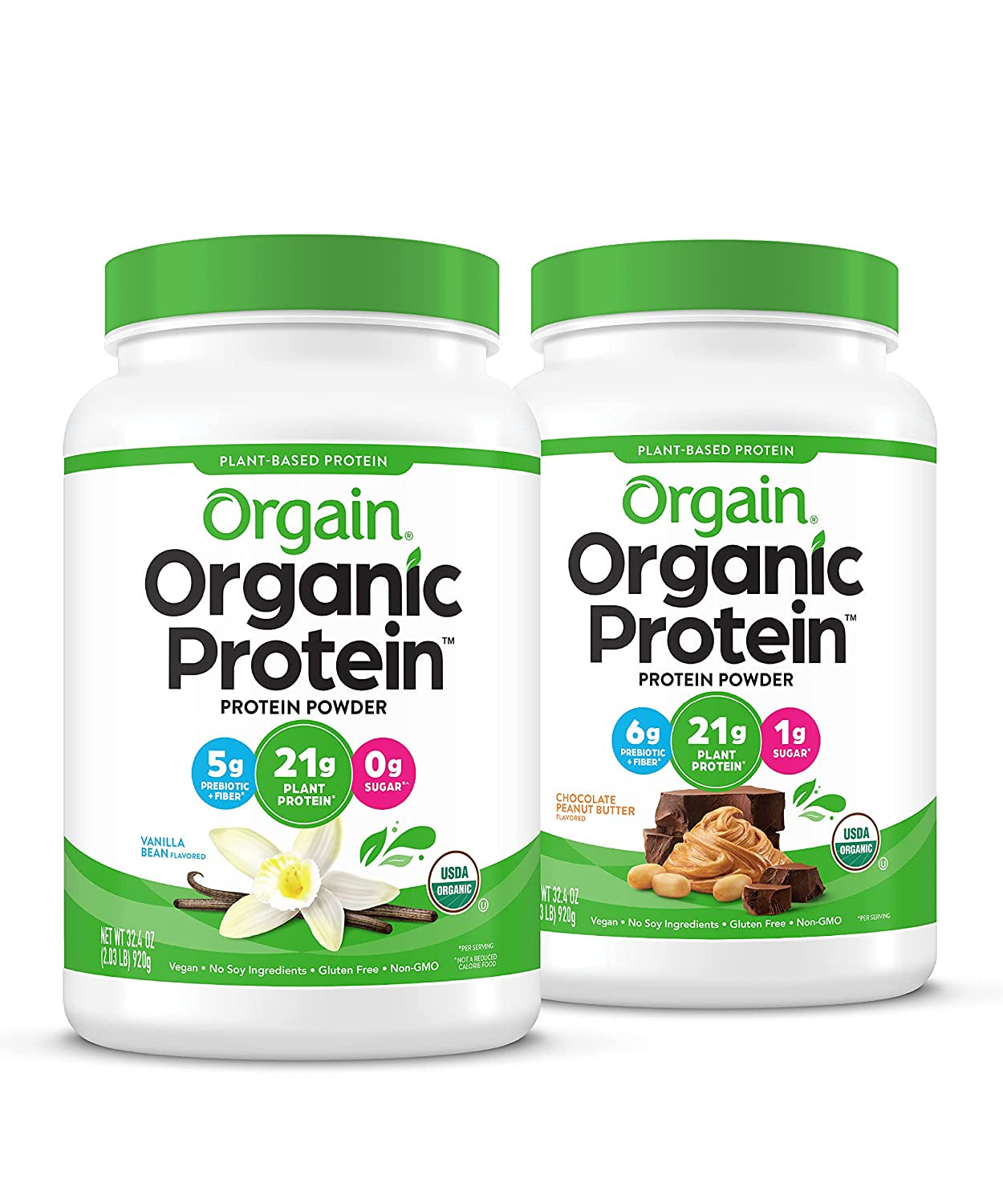 Organic Vegan Protein Powder, Chocolate Peanut Butter (21G Protein) and Vanilla Bean (21G Protein) - Plant Based, Gluten Free, Non-Gmo - 4.06 Lbs Total